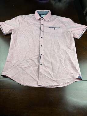 Craft + Flow Men’s Large Pink Short Sleeve Button Up Shirt Floral Trim Casual